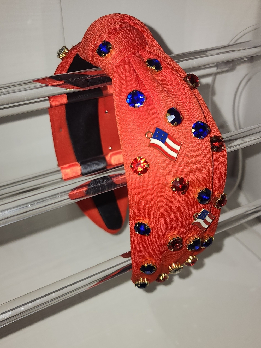 Embellished Red Knotted Headband with Patriotic Pin